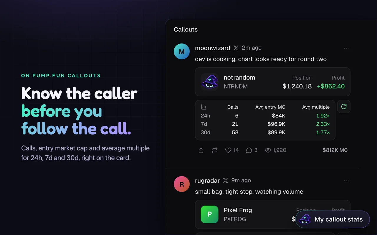 A pump.fun callouts feed where each callout card shows the caller's calls, average entry market cap and average multiple for 24h, 7d and 30d.