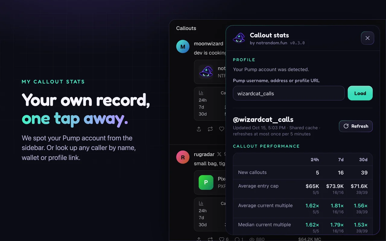 The My callout stats panel with a detected pump.fun account and its callout performance for 24h, 7d and 30d.